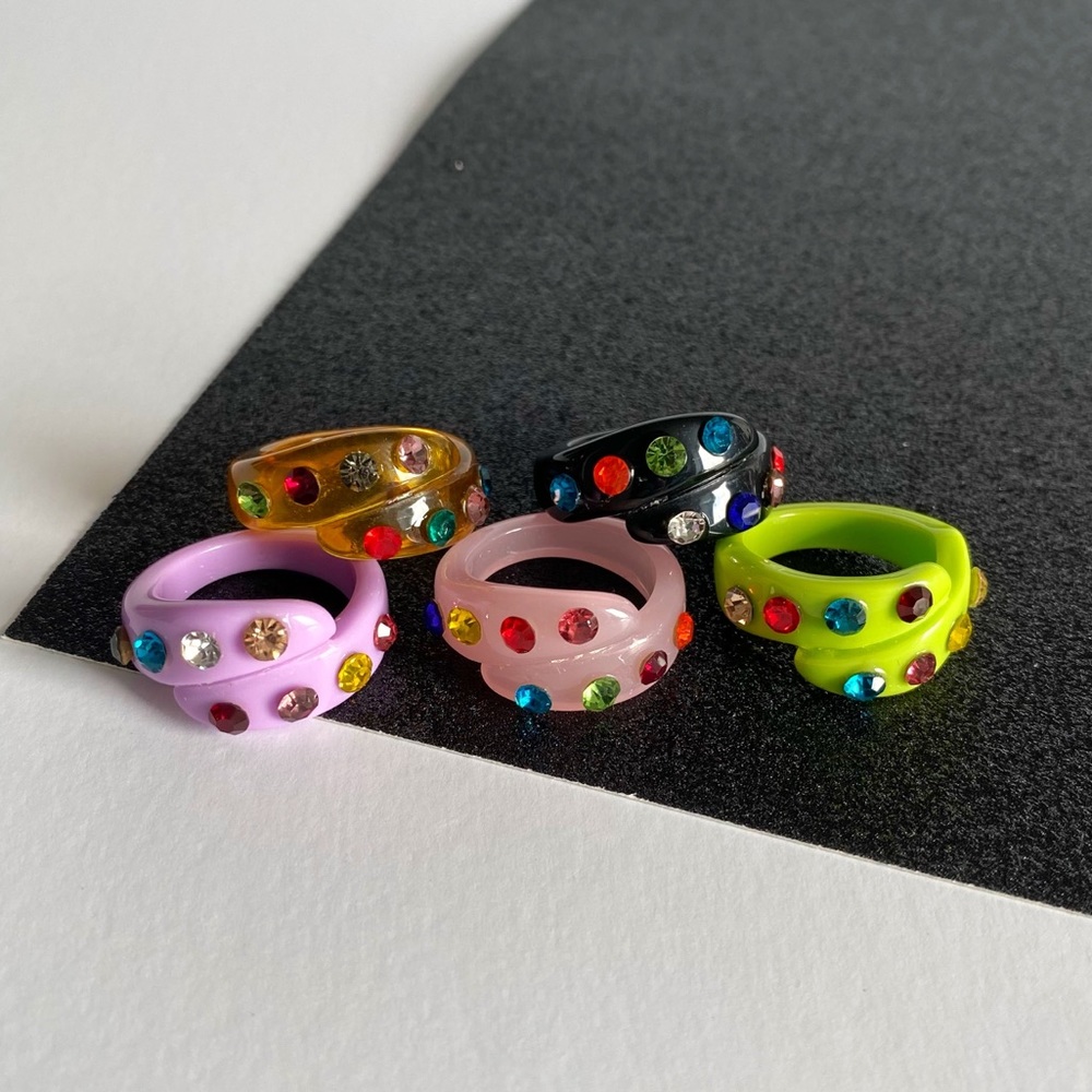 Double Layer Acrylic Rhinestone Rings - Set of 5